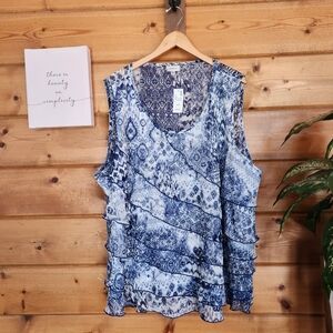 Avenue NWT Tiered Ruffle Blue Batik Sleeveless Blouse Tribal Top Plus Size 30/32